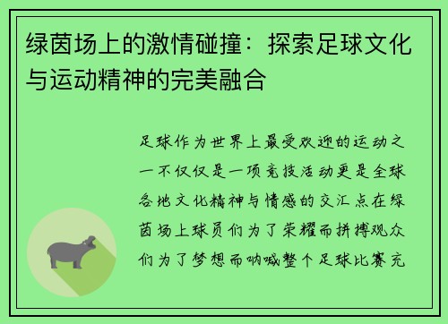 绿茵场上的激情碰撞:探索足球文化与运动精神的完美融合